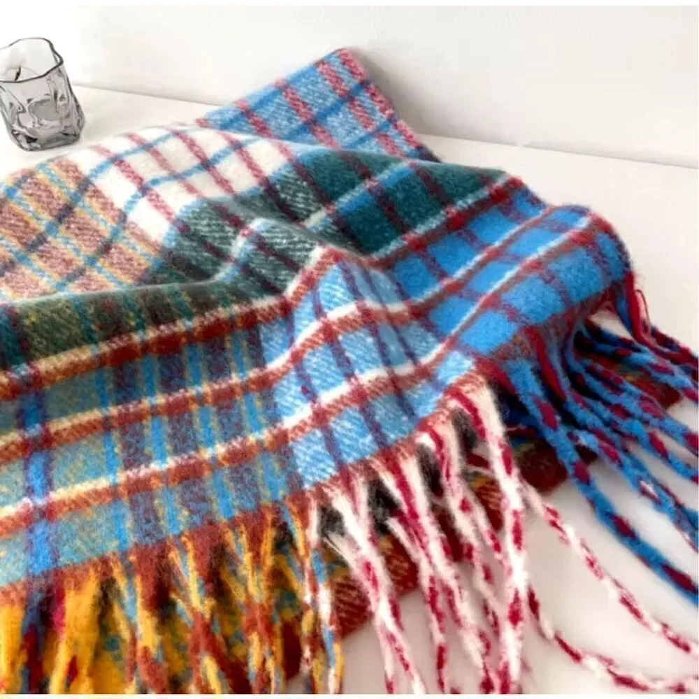Rainbow plaid fringe oversize scarf